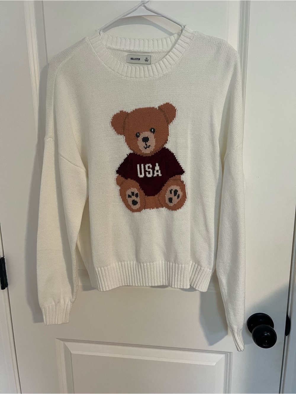 Hollister Cream Sweater with Brown Teddy Bear Graphic